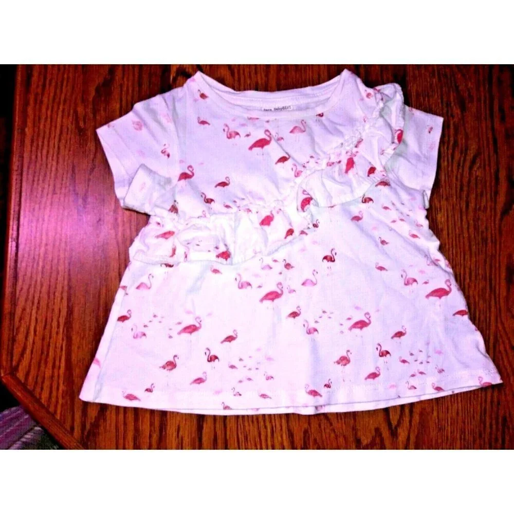 Zara Girl Dress pink Flamingo print baby Size 18/24 white with ruffle cap sleeve